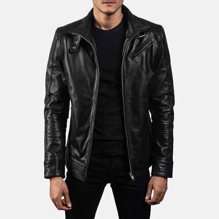 Men Black Biker Style Leather Jacket
