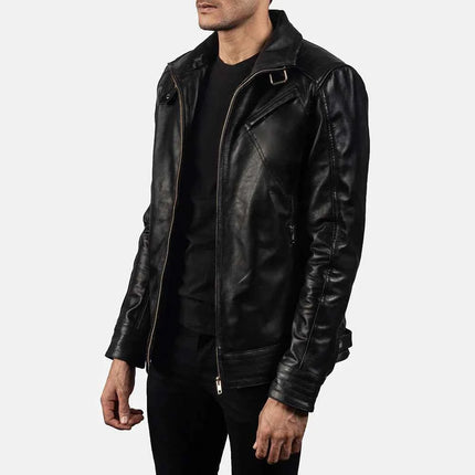 Men Black Biker Style Leather Jacket