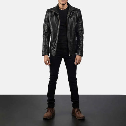 Men Black Biker Style Leather Jacket