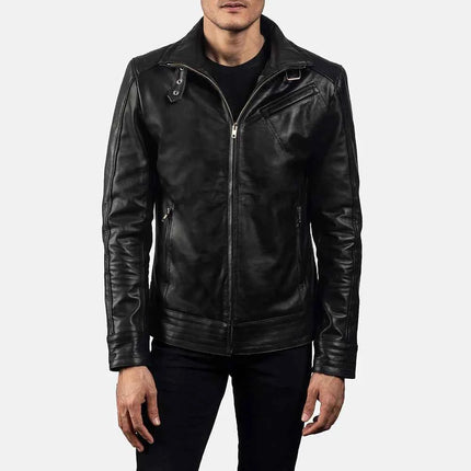 Men Black Biker Style Leather Jacket