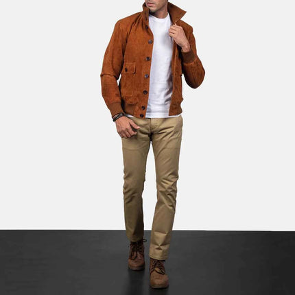 Men Eaton Brown Suede Bomber Jacket
