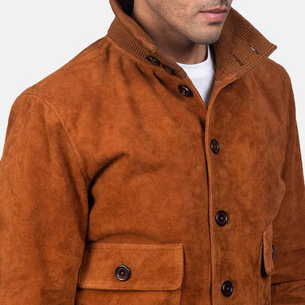 Men Eaton Brown Suede Bomber Jacket