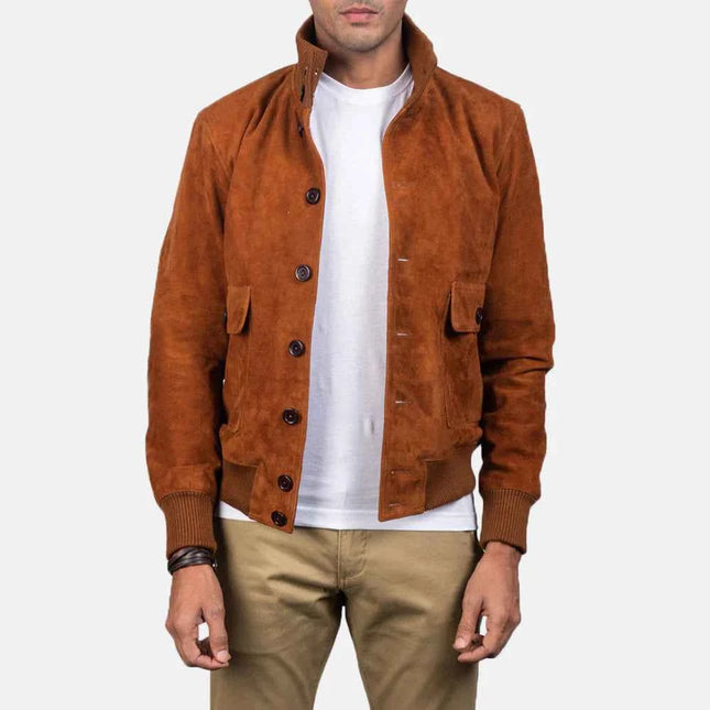 Men Eaton Brown Suede Bomber Jacket
